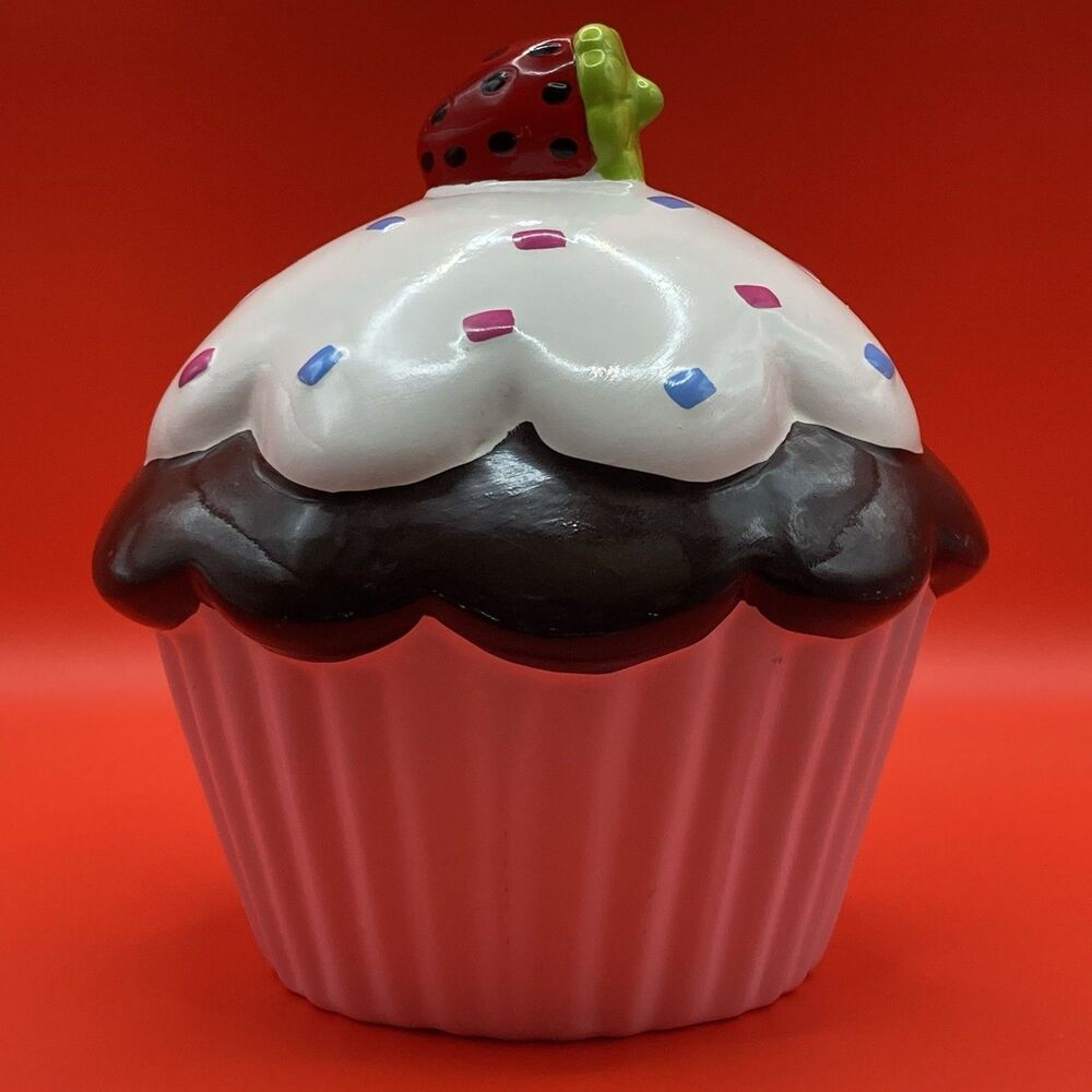 Large Strawberry Cupcake Piggy Coin Bank Ceramic 7” Decor 2011 Collection